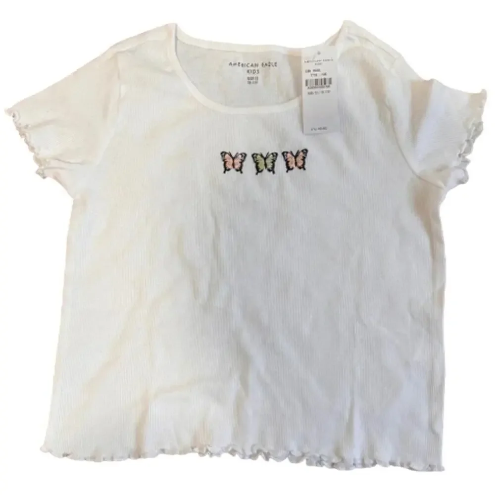 American Eagle White Butterfly‎ Graphic Rib Lettuce Hem Crop Top Girls 16 13/14y